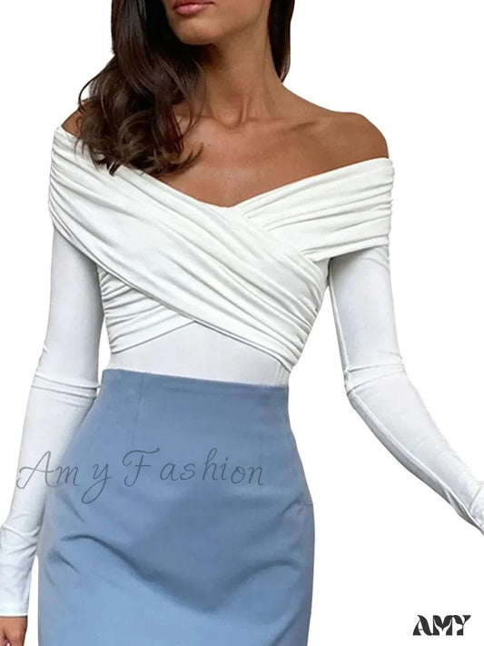 Solid Color Front Cross V-Neck Off Shoulder Blouse