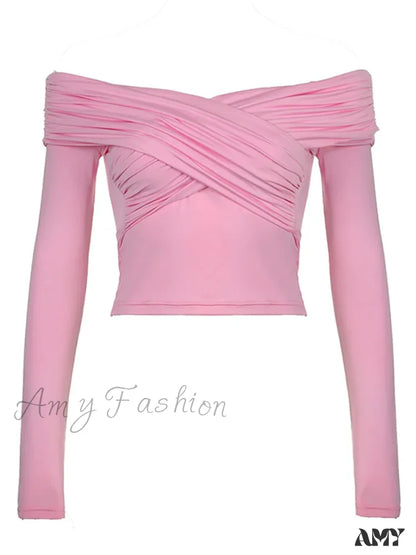 Solid Color Front Cross V-Neck Off Shoulder Blouse